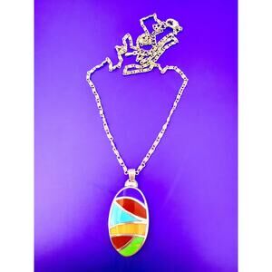 Sterling Silver Pendant Inlay Gemstones Lapis Spiney Oyster Southwest Necklace